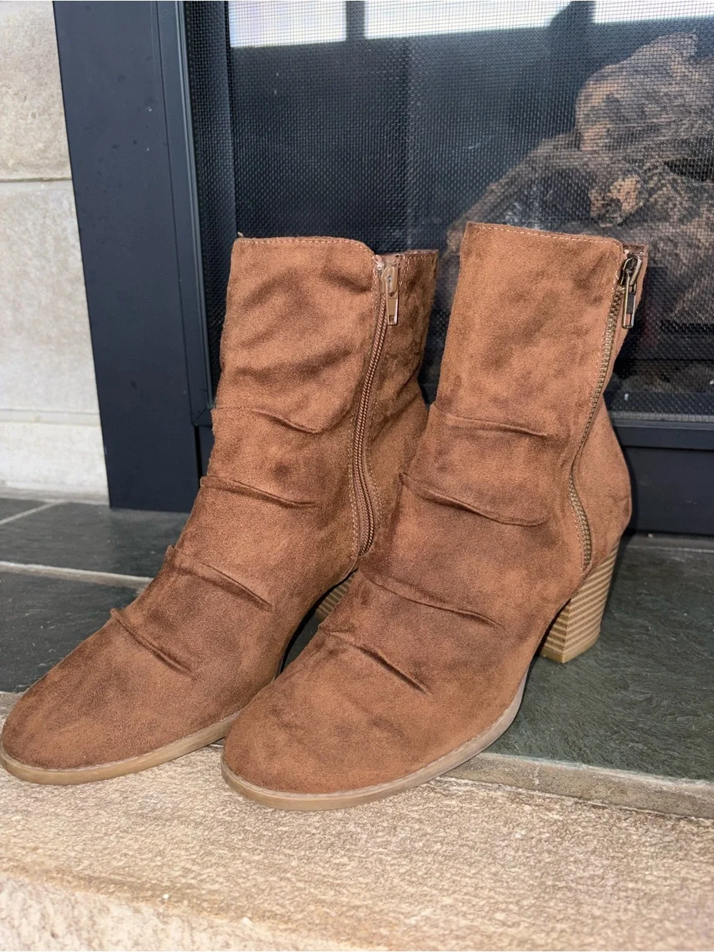 Suede Tan Ankle Booties with Stacked Heel